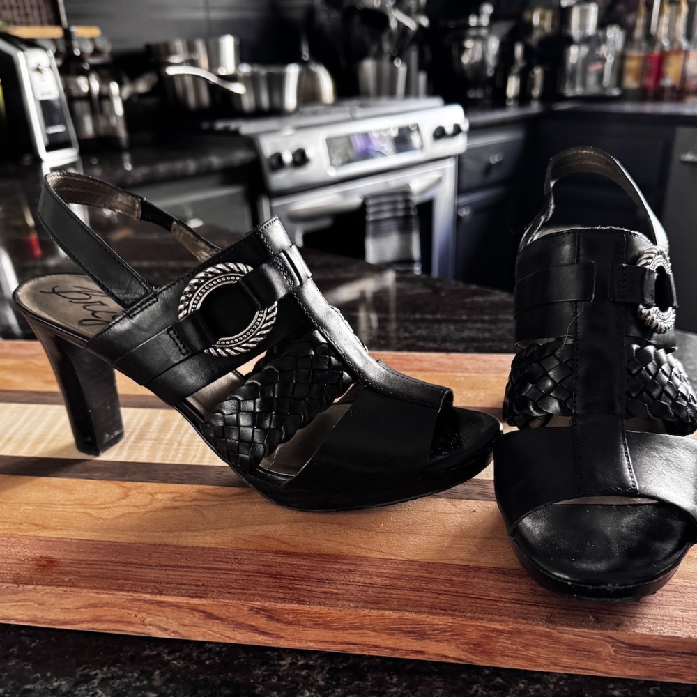 Brighton Heeled Sandals in Smooth & Woven Black Leather with Silver Accents